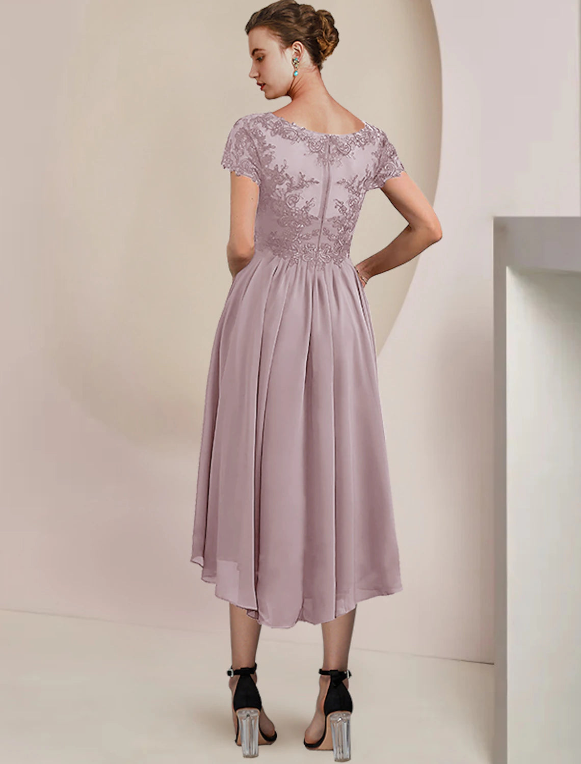 Two Piece A-Line Mother of the Bride Dress Formal Wedding Guest Elegant V Neck Asymmetrical Tea Length Chiffon Lace Short Sleeve Wrap Included with Pleats