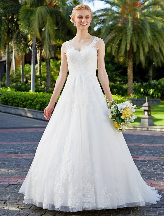 Wedding Dresses Ball Gown V Neck Regular Straps Floor Length Tulle Over Lace Bridal Gowns