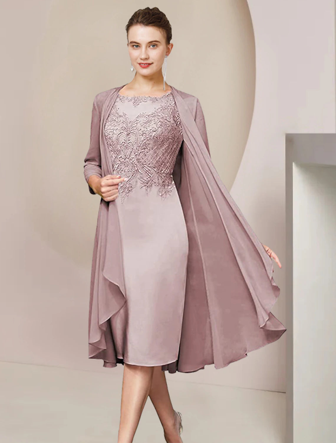 Two Piece Sheath / Column Mother of the Bride Dress Formal Wedding Guest Elegant Scoop Neck Knee Length Chiffon Lace Half Sleeve Jacket Dresses