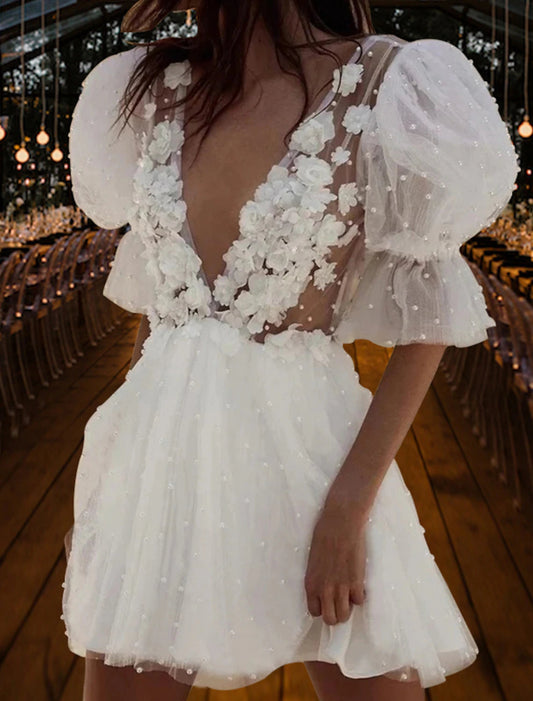 Bridal Shower Open Back Little White Dresses Wedding Dresses A-Line V Neck Short Sleeve Short / Mini Satin Bridal Gowns With Pleats