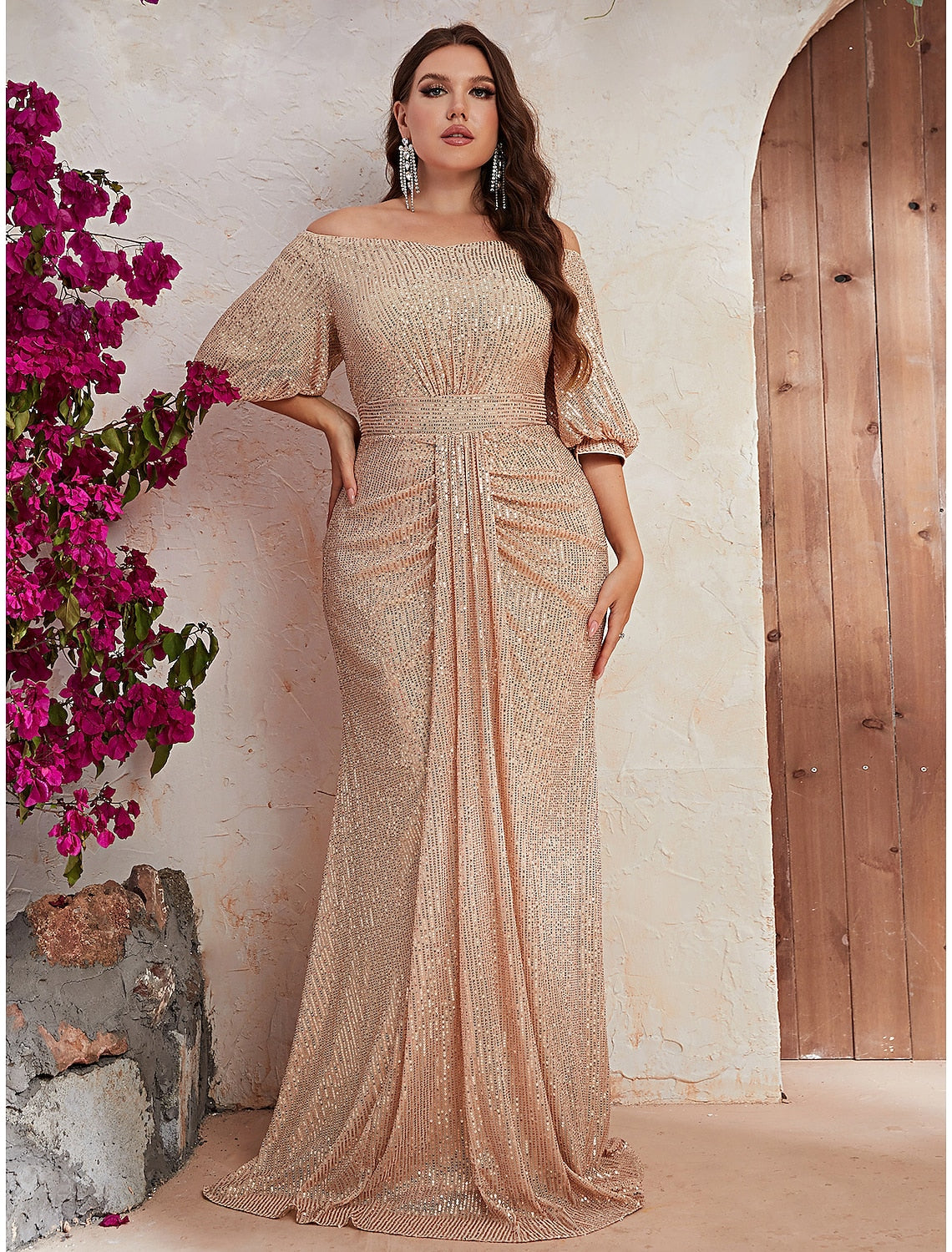 A-Line Wedding Guest Dresses Sparkle & Shine Dress Formal Sweep / Brush Train Half Sleeve Off Shoulder Polyester