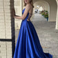 A-Line Prom Dresses Princess Dress Formal Sweep / Brush Train Sleeveless V Neck Pocket Satin Backless