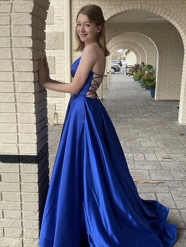 A-Line Prom Dresses Princess Dress Formal Sweep / Brush Train Sleeveless V Neck Pocket Satin Backless