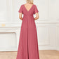 A-Line Evening Gown Empire Dress Party Wear Floor Length Short Sleeve V Neck Chiffon V Back