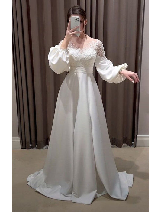 Hall Vintage Formal Wedding Dresses A-Line V Neck Long Sleeve Sweep / Brush Train Satin Bridal Gowns With Embroidery