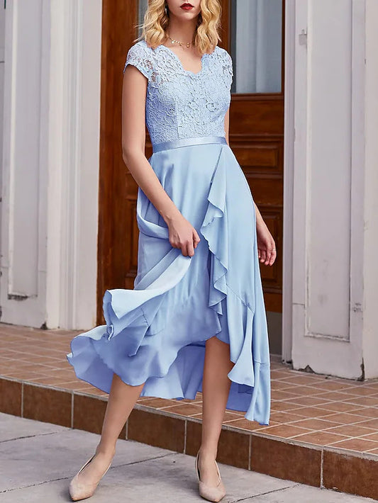 A-Line Cocktail Dresses Little Black Dress Dress Wedding Guest Asymmetrical Short Sleeve One Shoulder Chiffon with Pleats