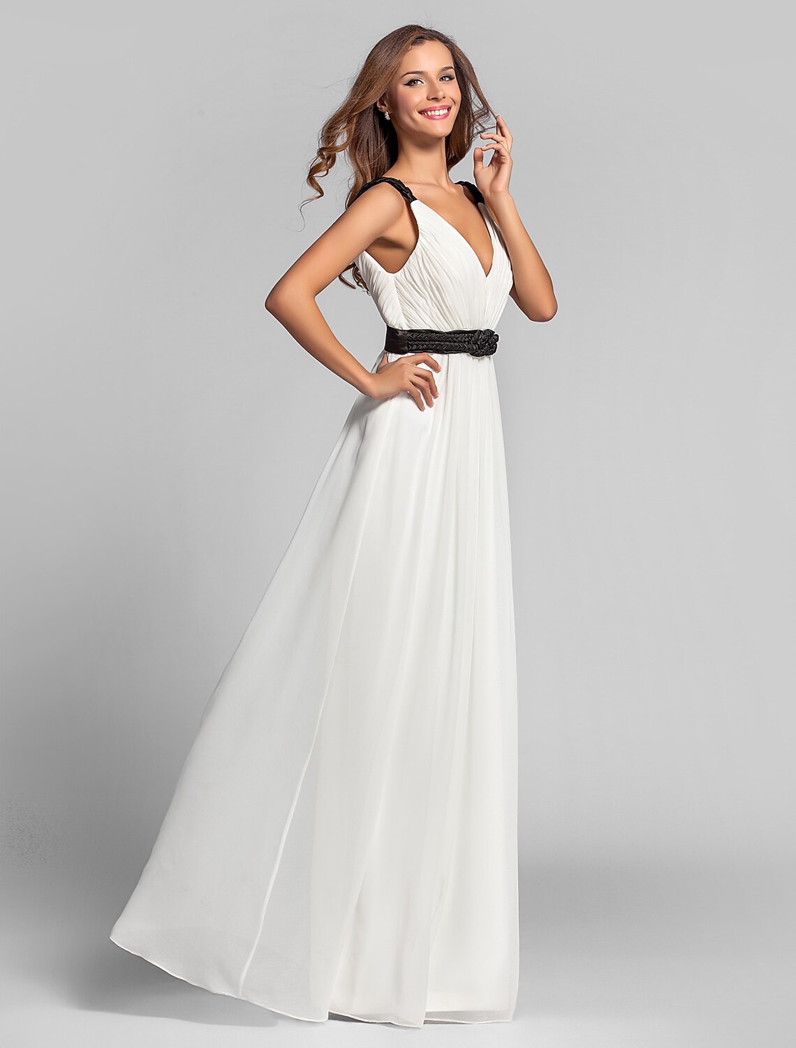 Sheath / Column V Neck Floor Length Georgette Bridesmaid Dress with Sash