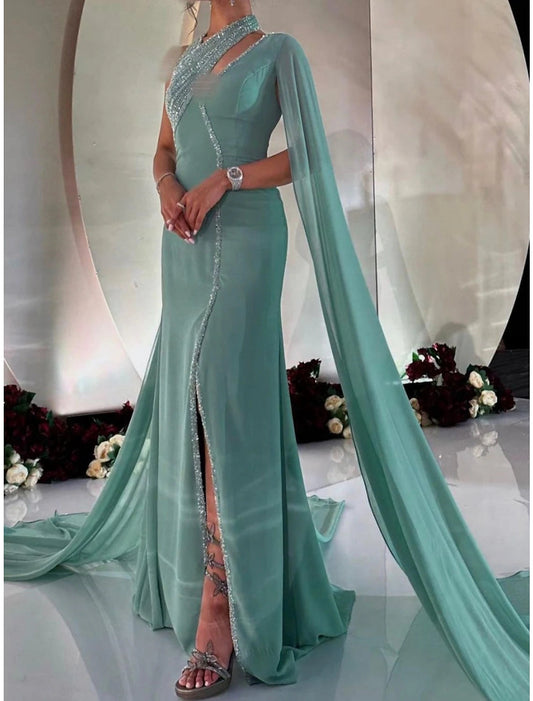 A-Line Evening Gown Elegant Dress Formal Court Train Sleeveless V Neck Sequined with Glitter