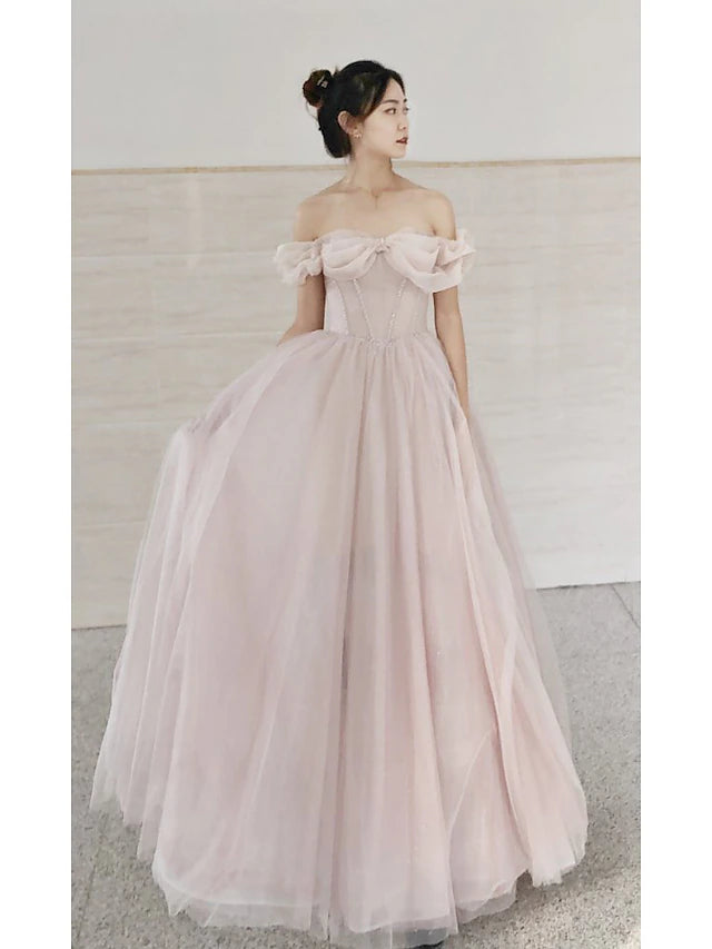 A-Line Prom Dresses Empire Dress Prom Sweep / Brush Train Short Sleeve Sweetheart Tulle with Pleats