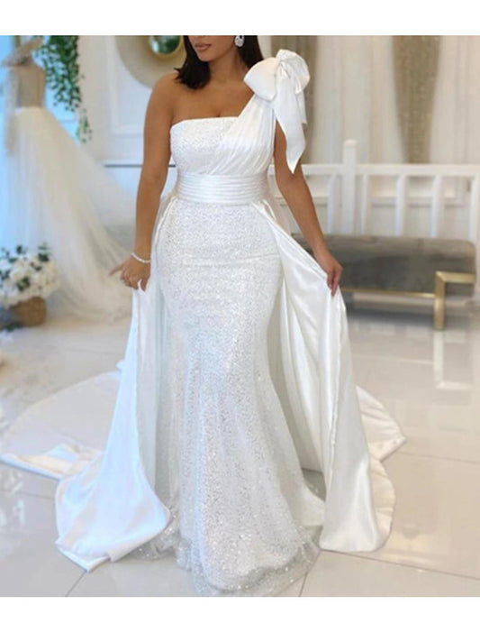 Mermaid / Trumpet Evening Gown Sparkle & Shine Dress Formal Evening Court Train Sleeveless One Shoulder Charmeuse with Ruched