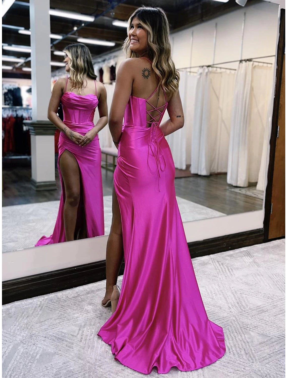 Mermaid / Trumpet Prom Dresses Empire Dress Formal Sweep / Brush Train Sleeveless Spaghetti Strap Satin Backless