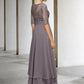 A-Line Mother of the Bride Dress Plus Size Elegant High Low Jewel Neck Asymmetrical Ankle Length Chiffon Lace Half Sleeve