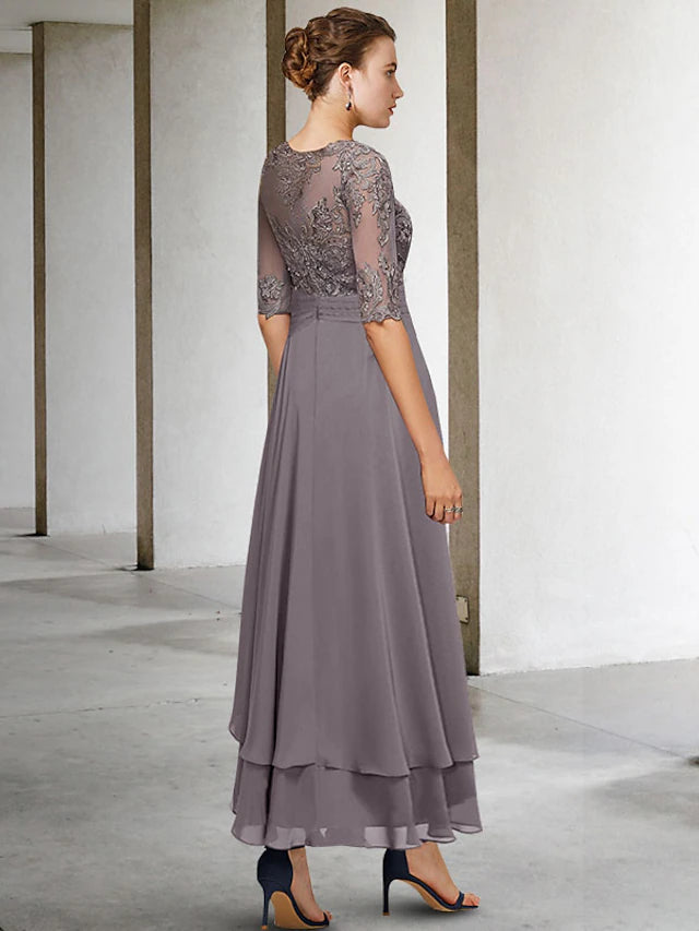 A-Line Mother of the Bride Dress Plus Size Elegant High Low Jewel Neck Asymmetrical Ankle Length Chiffon Lace Half Sleeve