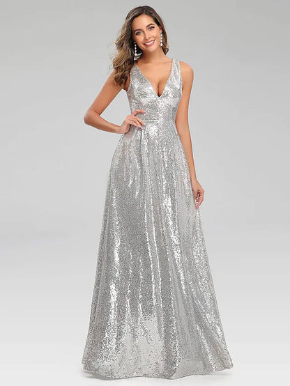 A-Line Prom Dresses Sparkle Dress Wedding Guest Floor Length Sleeveless V Neck Polyester V Back