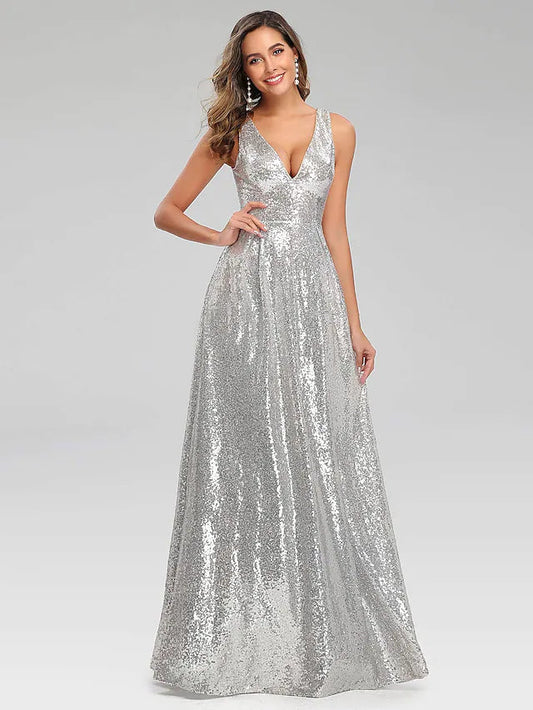 A-Line Prom Dresses Sparkle Dress Wedding Guest Floor Length Sleeveless V Neck Polyester V Back