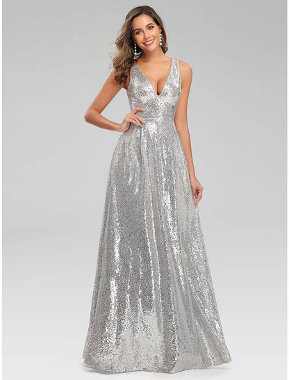 A-Line Prom Dresses Sparkle Dress Wedding Guest Engagement Floor Length Sleeveless V Neck Polyester V Back