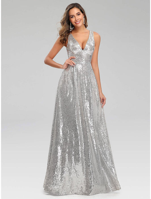 A-Line Prom Dresses Sparkle Dress Wedding Guest Engagement Floor Length Sleeveless V Neck Polyester V Back