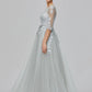 A-Line Empire Dress Wedding Guest Prom Floor Length Half Sleeve Illusion Neck Tulle with Bow(s)