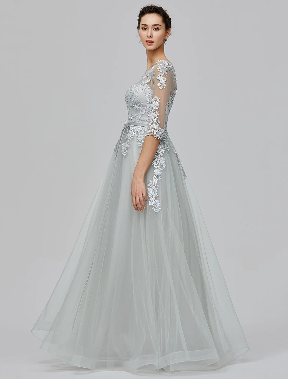 A-Line Empire Dress Wedding Guest Prom Floor Length Half Sleeve Illusion Neck Tulle with Bow(s)