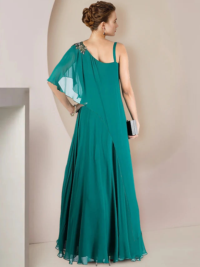 A-Line Mother of the Bride Dress Formal Wedding Guest Elegant One Shoulder Floor Length Chiffon Sleeveless with Pleats