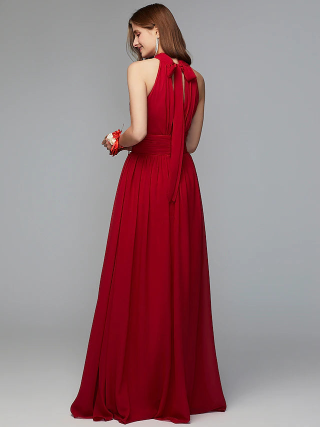 A-Line Bridesmaid Dress High Neck Sleeveless Furcal Floor Length Chiffon with Pleats / Split