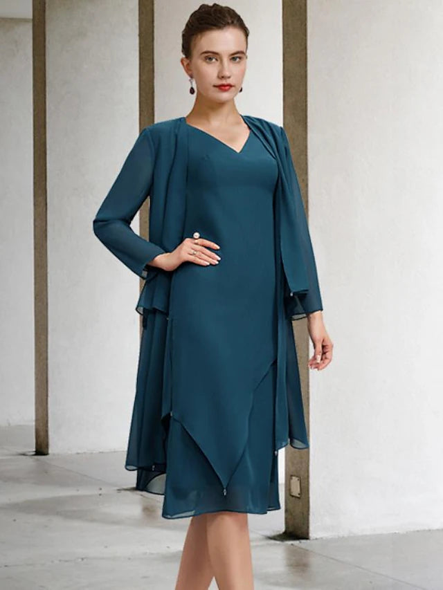 Two Piece Sheath / Column Mother of the Bride Dress Church Vintage Elegant V Neck Knee Length Chiffon Sleeveless Wrap Included Jacket Dresses with Draping