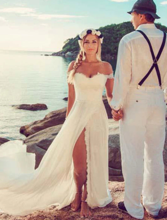 Beach Sexy Boho Wedding Dresses A-Line Off Shoulder Cap Sleeve Court Train Chiffon Bridal Gowns With Split Front