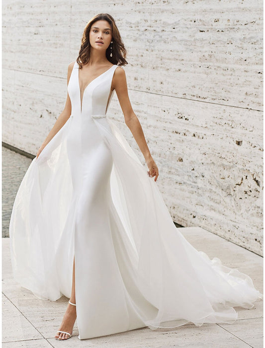 Beach Wedding Dresses Two Piece V Neck Sleeveless Court Train Satin Bridal Gowns