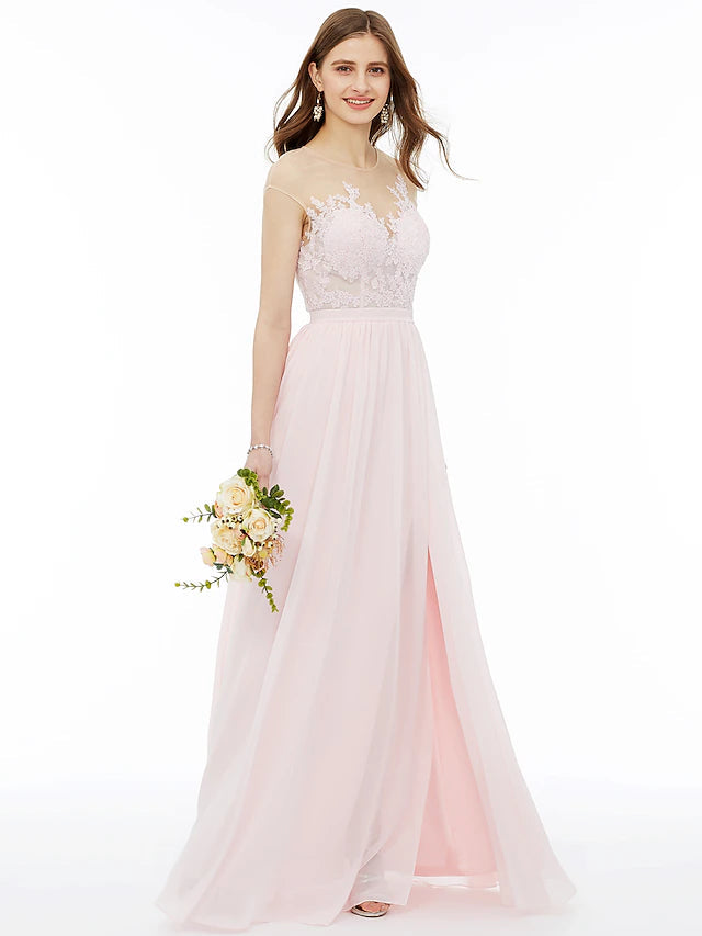 A-Line Bridesmaid Dress Illusion Neck Sleeveless Illusion Detail Floor Length Chiffon / Floral Lace with Sash / Ribbon