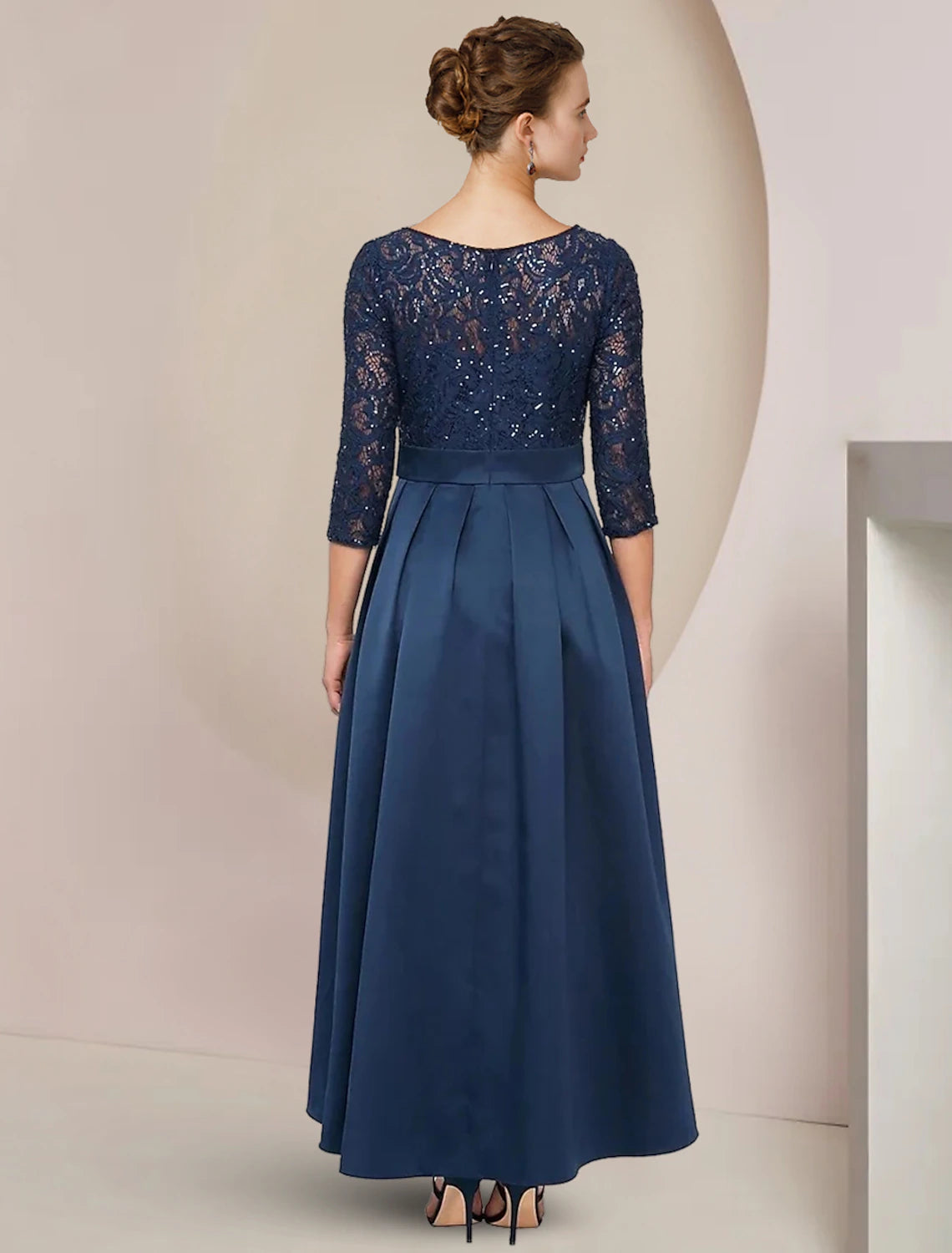 A-Line Mother of the Bride Dress Wedding Guest Elegant High Low Scoop Neck Asymmetrical Tea Length Lace Taffeta 3/4 Length Sleeve