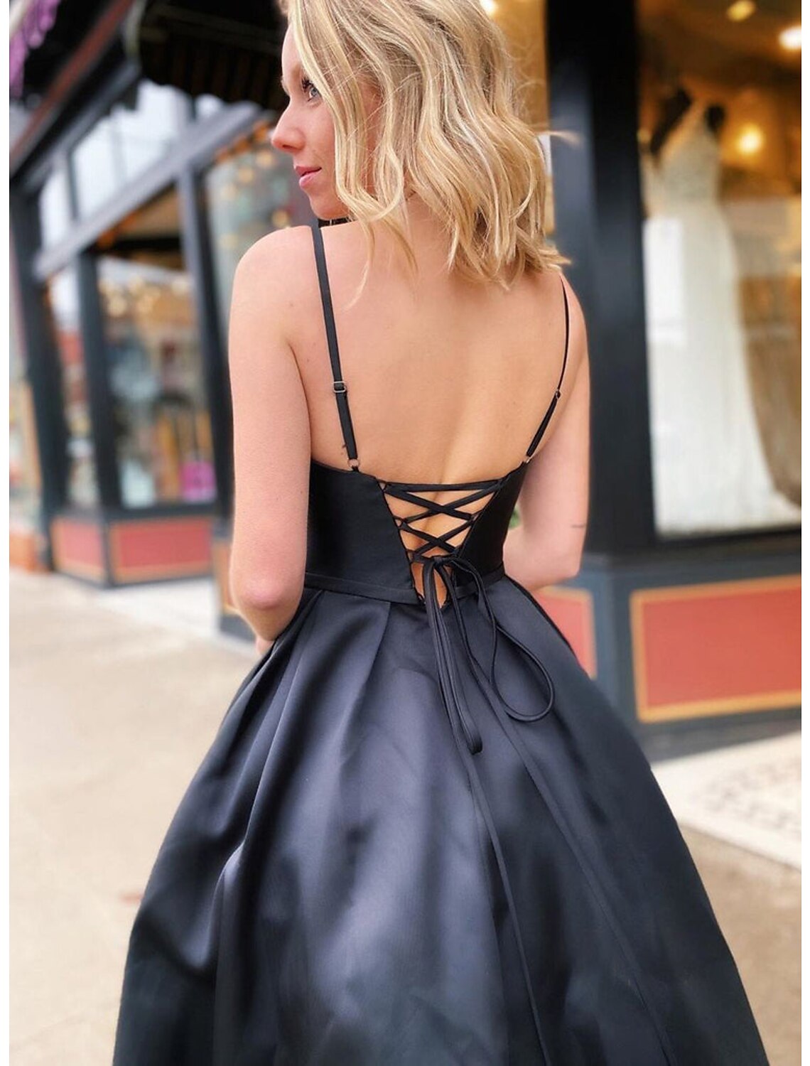 A-Line Prom Dresses Open Back Dress Formal Floor Length Sleeveless V Neck Pocket Stretch Satin Backless with Pleats Beading