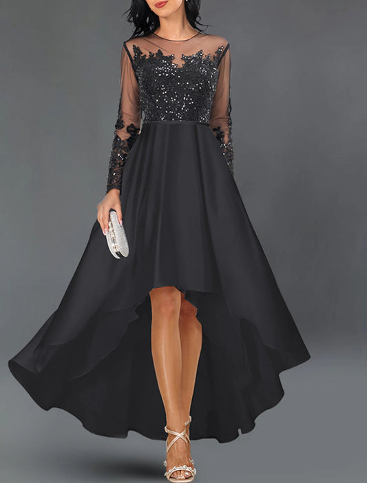 A-Line Cocktail Dresses Elegant Dress Wedding Guest Party Wear Asymmetrical Long Sleeve Jewel Neck Satin with Crystals