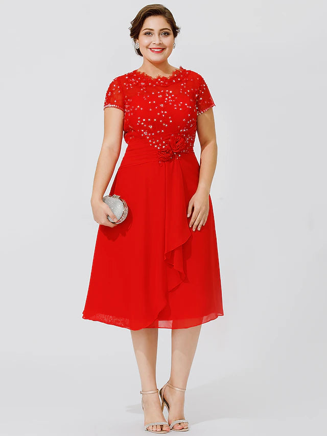 A-Line Mother of the Bride Dress Elegant & Luxurious Beautiful Back Plus Size Jewel Neck Knee Length Chiffon Beaded Lace Short Sleeve No with Pleats Beading