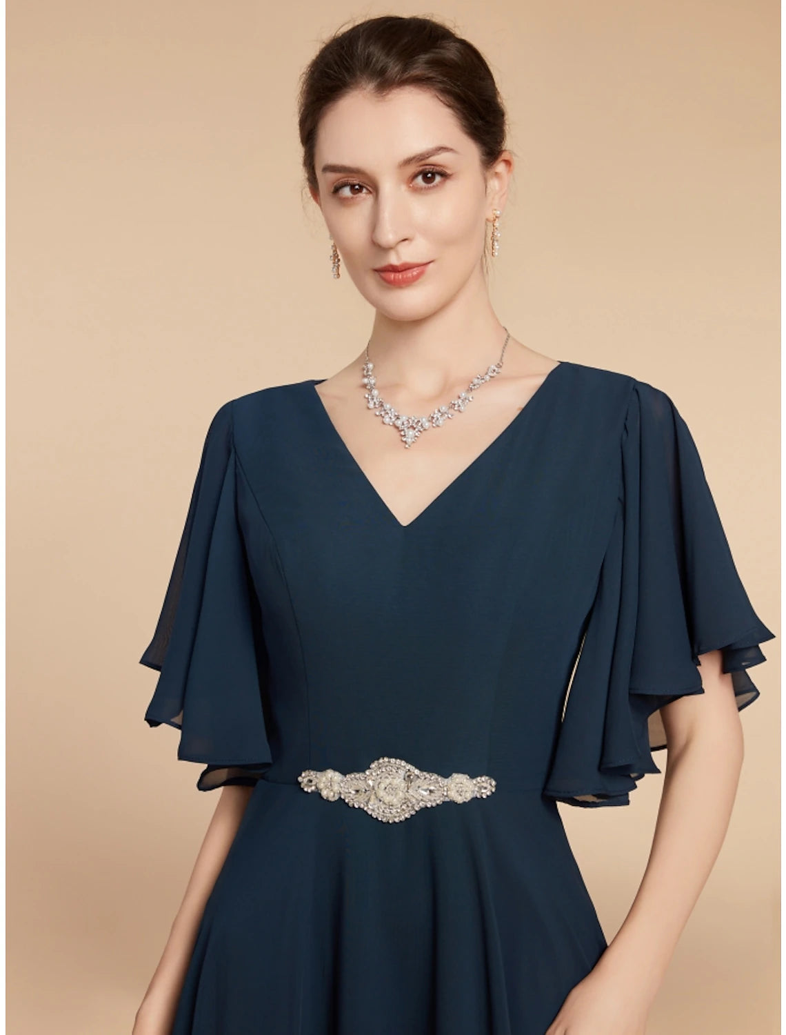 A-Line Mother of the Bride Dress Wedding Guest Elegant Vintage V Neck Ankle Length Chiffon Lace Short Sleeve with Crystal Brooch Ruching