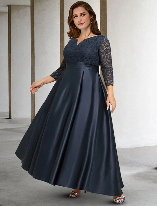 A-Line Mother of the Bride Dresses Plus Size Hide Belly Curve Elegant Dress Formal Asymmetrical 3/4 Length Sleeve V Neck Satin with Pleats