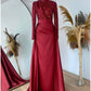 Sheath Formal Dress Evening Gown Christmas Red Green Dress Formal Sweep / Brush Train Long Sleeve Jewel Neck Satin with Pleats Ruched