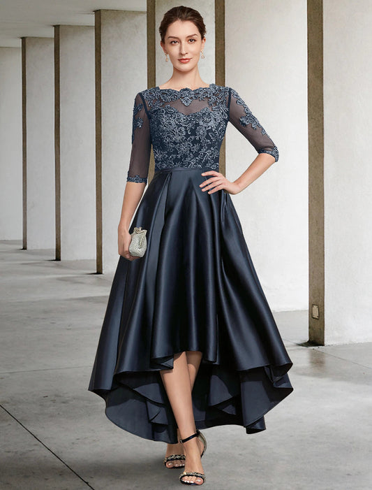 A-Line Mother of the Bride Dress Formal Wedding Guest Elegant Jewel Neck Asymmetrical Lace Italy Satin Half Sleeve with Lace