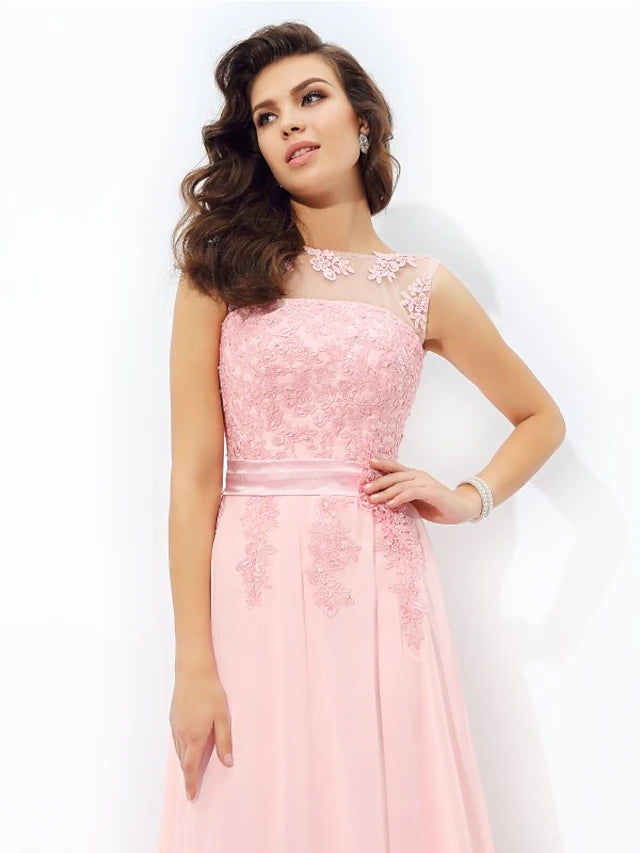 A-Line Prom Dresses Sparkle & Shine Dress Formal Floor Length Sleeveless Jewel Neck Chiffon