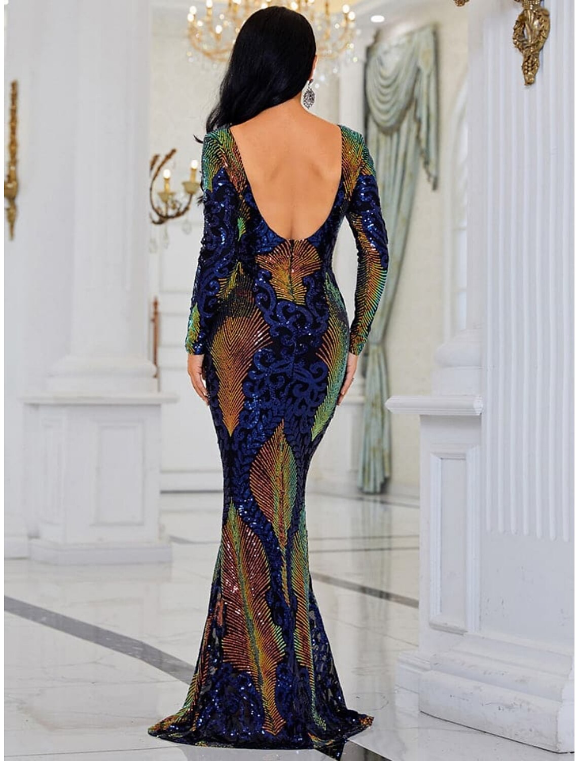 Mermaid / Trumpet Evening Gown Elegant Dress Formal Sweep / Brush Train Long Sleeve Scoop Neck Sequined with Glitter