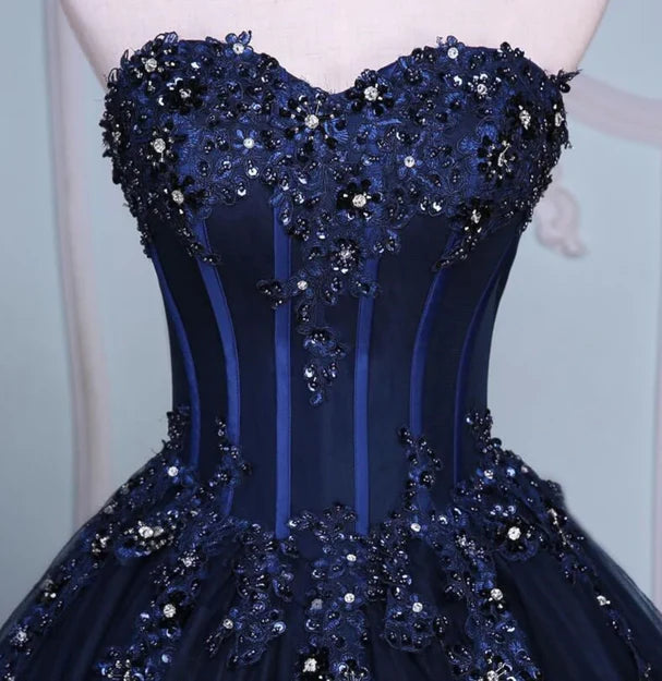 Navy Blue Lace Applique Tulle Long Party Dress Formal Gown Off Shoulder Floor Length Prom Dress
