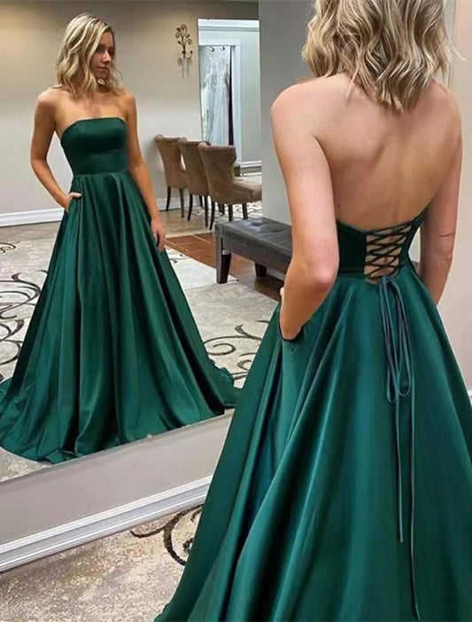 A-Line Prom Dresses Maxi Dress Formal Floor Length Sleeveless Strapless Jersey Backless