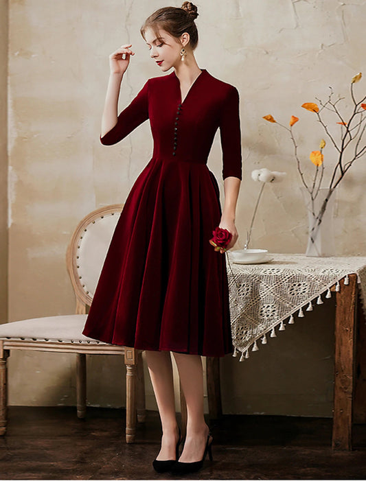 A-Line Minimalist Vintage Party Wear Cocktail Party Dress V Neck Half Sleeve Tea Length Velvet