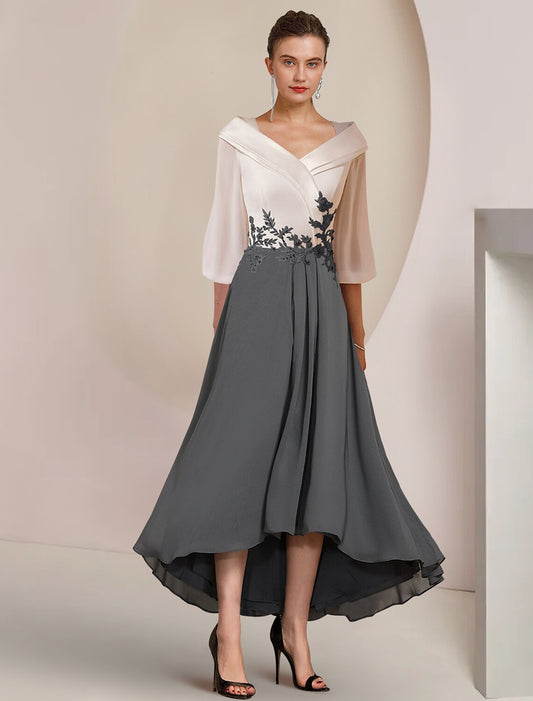 A-Line Mother of the Bride Dress Formal Wedding Guest Elegant High Low V Neck Asymmetrical Tea Length Chiffon Lace 3/4 Length Sleeve with Pleats Appliques