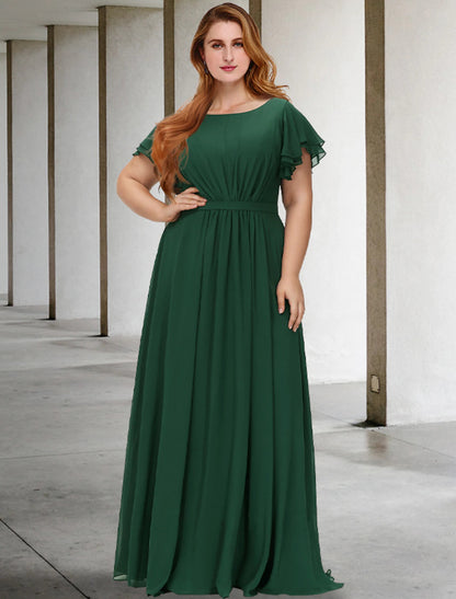 A-Line Mother of the Bride Dresses Plus Size Hide Belly Curve Elegant Dress Formal Floor Length Short Sleeve Jewel Neck Chiffon