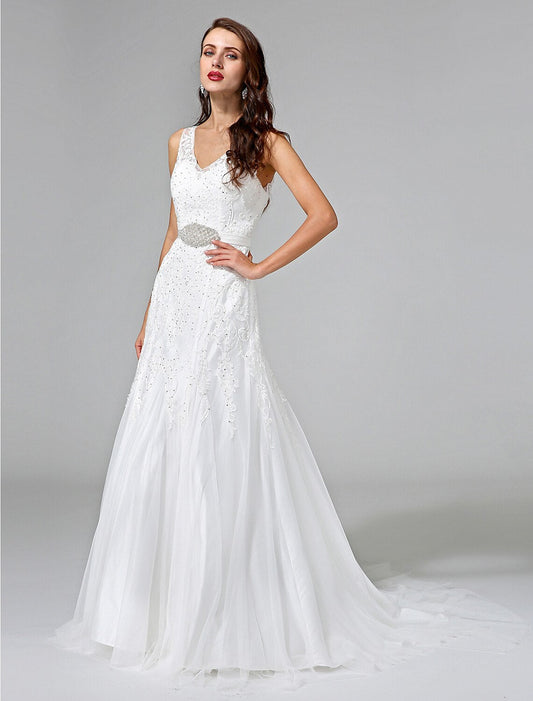 Wedding Dresses A-Line V Neck Sleeveless Court Train Lace Bridal Gowns With Sash Beading