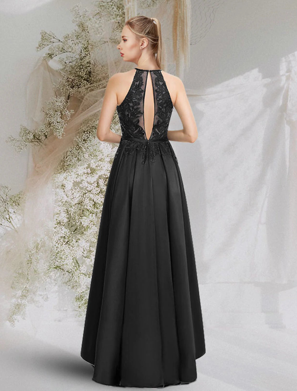 A-Line Cut Out Sexy Prom Birthday Dress Halter Neck Backless Sleeveless Asymmetrical Satin with Lace Insert