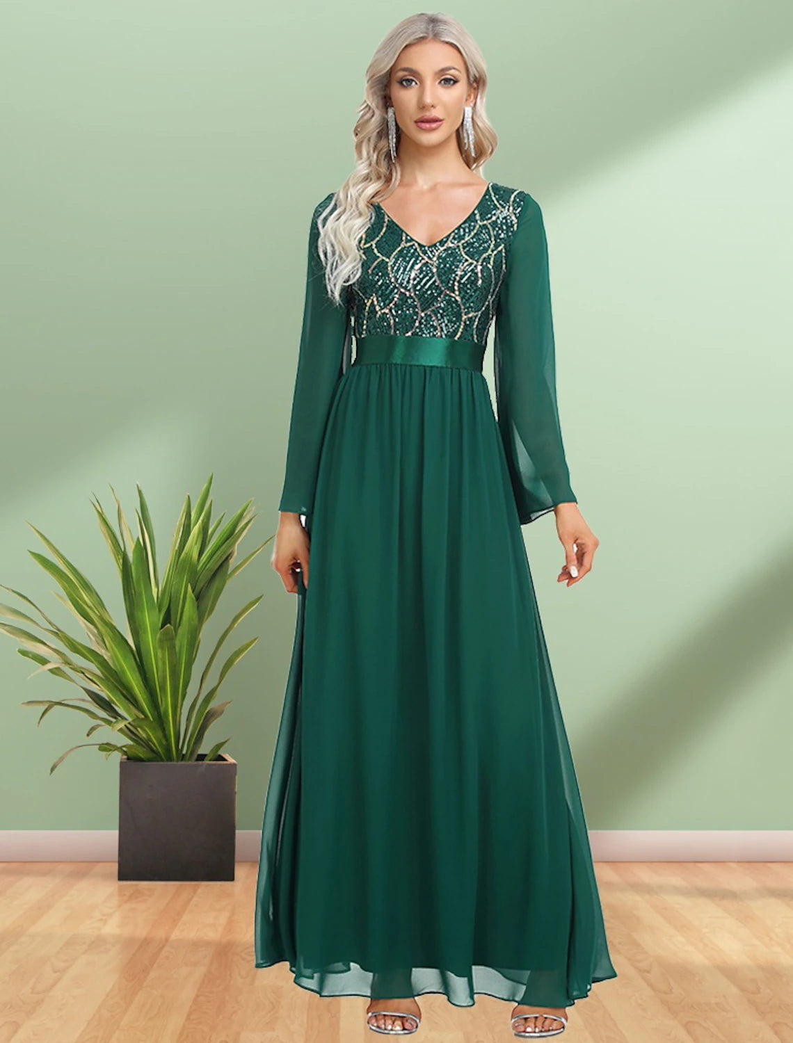 A-Line Evening Gown Elegant Dress Party Wear Floor Length Long Sleeve V Neck Chiffon