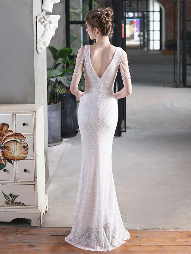 Mermaid / Trumpet Prom Dresses Elegant Dress Formal Floor Length Sleeveless V Neck Sequined