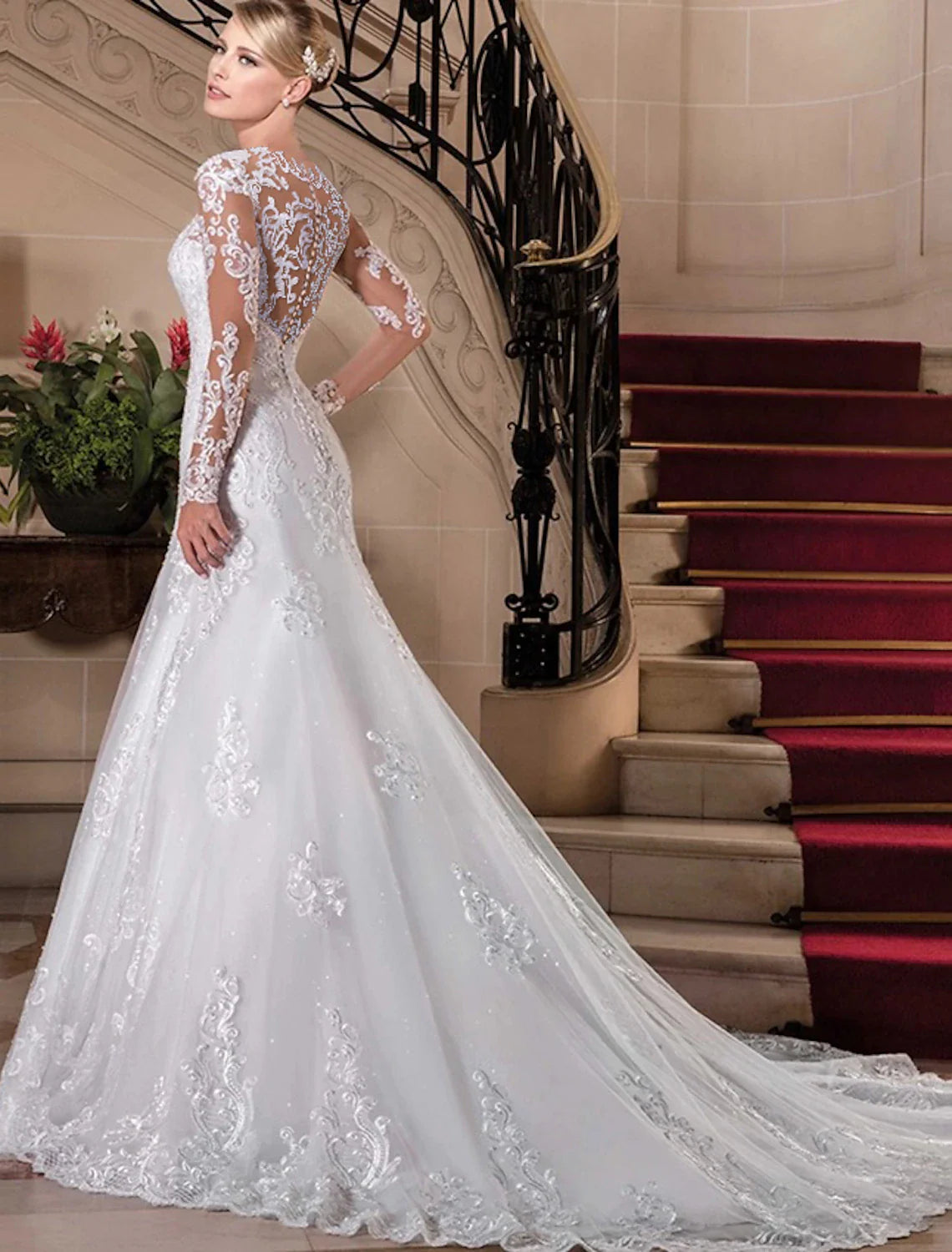 Engagement Formal Fall Wedding Dresses Mermaid / Trumpet Sweetheart Long Sleeve Court Train Lace Bridal Gowns With Beading Summer Wedding Party, Women¡®s Clothing