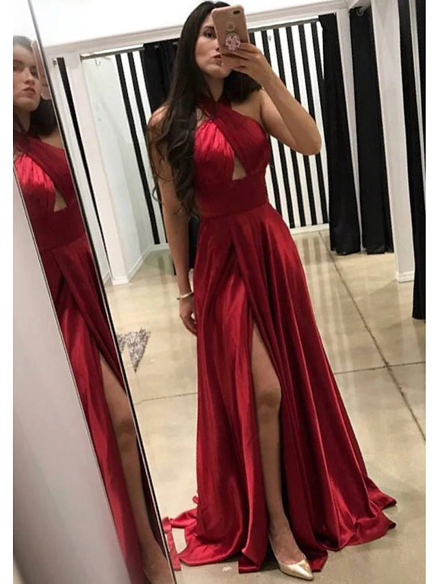 A-Line Prom Dresses Sexy Dress Formal Court Train Sleeveless High Neck Imitation Silk Backless